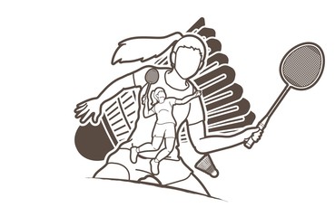 Badminton player action cartoon graphic vector.