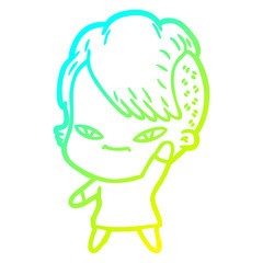 cold gradient line drawing cute cartoon girl with hipster haircut