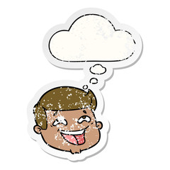 happy cartoon male face and thought bubble as a distressed worn sticker
