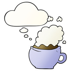 cartoon hot cup of coffee and thought bubble in smooth gradient style