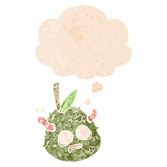 cartoon old pear and thought bubble in retro textured style