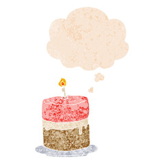 cartoon cake and thought bubble in retro textured style