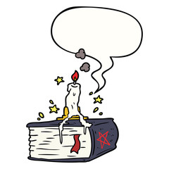 cartoon spooky spellbook and dribbling candle and speech bubble
