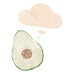 cartoon avocado and thought bubble in retro textured style