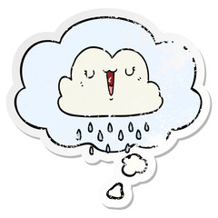 cartoon storm cloud and thought bubble as a distressed worn sticker