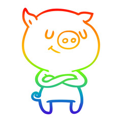 rainbow gradient line drawing happy cartoon pig with crossed arms