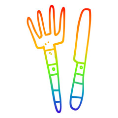 rainbow gradient line drawing cartoon knife and fork