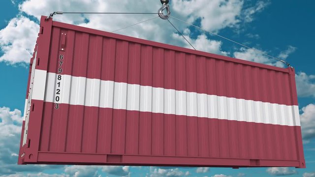 Loading container with flag of Latvia. Latvian import or export related conceptual 3D animation