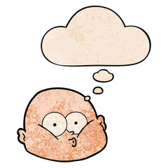cartoon curious bald man and thought bubble in grunge texture pattern style