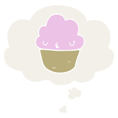 cartoon cupcake with face and thought bubble in retro style