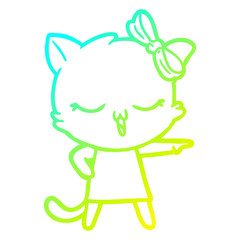 cold gradient line drawing cartoon cat with bow on head