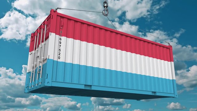 Loading container with flag of Luxembourg. Luxembourgian import or export related conceptual 3D animation