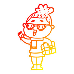 warm gradient line drawing cartoon happy woman wearing spectacles