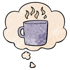 cartoon hot cup of coffee and thought bubble in grunge texture pattern style