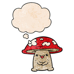 cartoon mushroom character and thought bubble in grunge texture pattern style