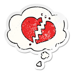 cartoon broken heart and thought bubble as a distressed worn sticker