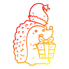 warm gradient line drawing cartoon hedgehog wearing christmas hat