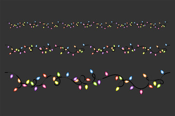 Christmas light bulbs. Vector illustration of strings of Christmas lights. Can be attached end to end seamlessly.