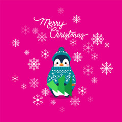 Vector holiday Christmas greeting card with cartoon penguin, snow flakes, Christmas tree and Merry Christmas lettering.