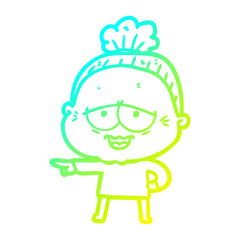cold gradient line drawing cartoon happy old lady