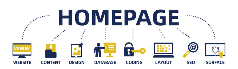homepage conept web banner with icons and keywords
