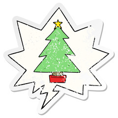 cartoon christmas tree and speech bubble distressed sticker