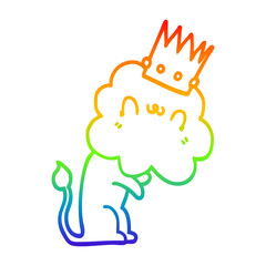 rainbow gradient line drawing cartoon lion with crown