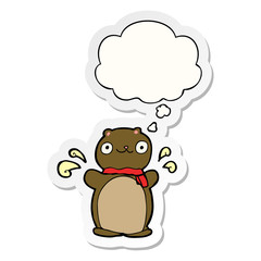cartoon happy teddy bear and thought bubble as a printed sticker