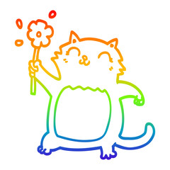 rainbow gradient line drawing cartoon cat with flower