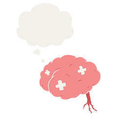 cartoon injured brain and thought bubble in retro style
