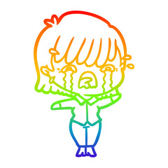 rainbow gradient line drawing cartoon girl crying