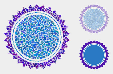 Mosaic Round seal stamp icon united from round and square items in different sizes, positions and proportions. Vector round and square items are united into abstract collage round seal stamp icons.