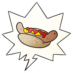 cartoon fresh tasty hot dog and speech bubble in smooth gradient style
