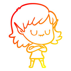 warm gradient line drawing happy cartoon elf girl