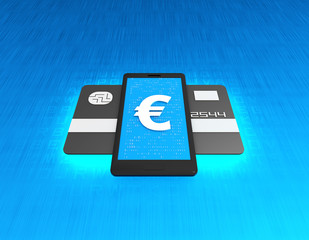 Mobile phone wireless payment, mobile phone with currency symbol, credit card payment,euro