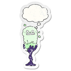 cartoon spooky halloween potion cup and thought bubble as a distressed worn sticker
