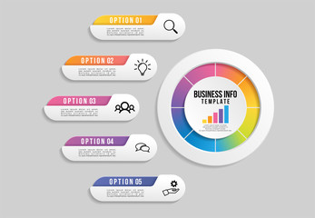 Vector Infographic Design Template with 5 Options Steps and Marketing Icons can be used for info graph, presentations, process, diagrams, annual reports, workflow layout