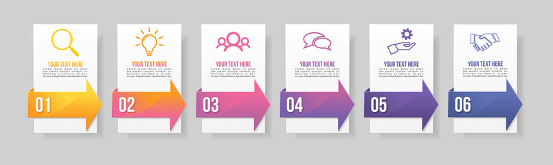 Timeline Infographic Design Template with 6 Options Steps. Start to goal line process. Used for info graph, presentations, process, diagrams, annual reports, workflow layout. Vector Illustration