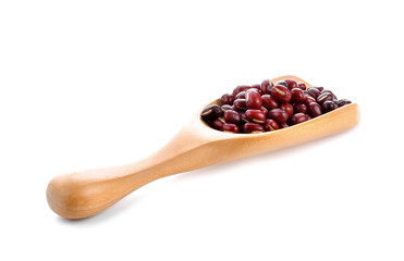 Red bean seeds In wood scoop on white background