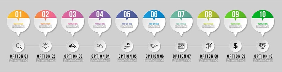 Timeline Infographic Design Template with 8 Options Steps. Start to goal line process. Used for info graph, presentations, process, diagrams, annual reports, workflow layout. Vector Illustration