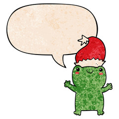 cute christmas frog and speech bubble in retro texture style
