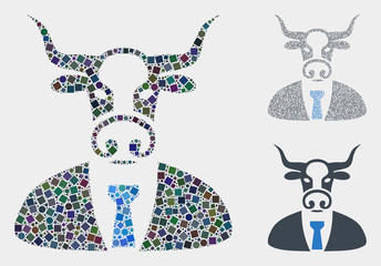 Mosaic Bull boss icon organized from spheric and square elements in different sizes, positions and proportions. Vector circle and square parts are organized into abstract composition bull boss icons.