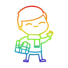 rainbow gradient line drawing cartoon smiling boy with gift