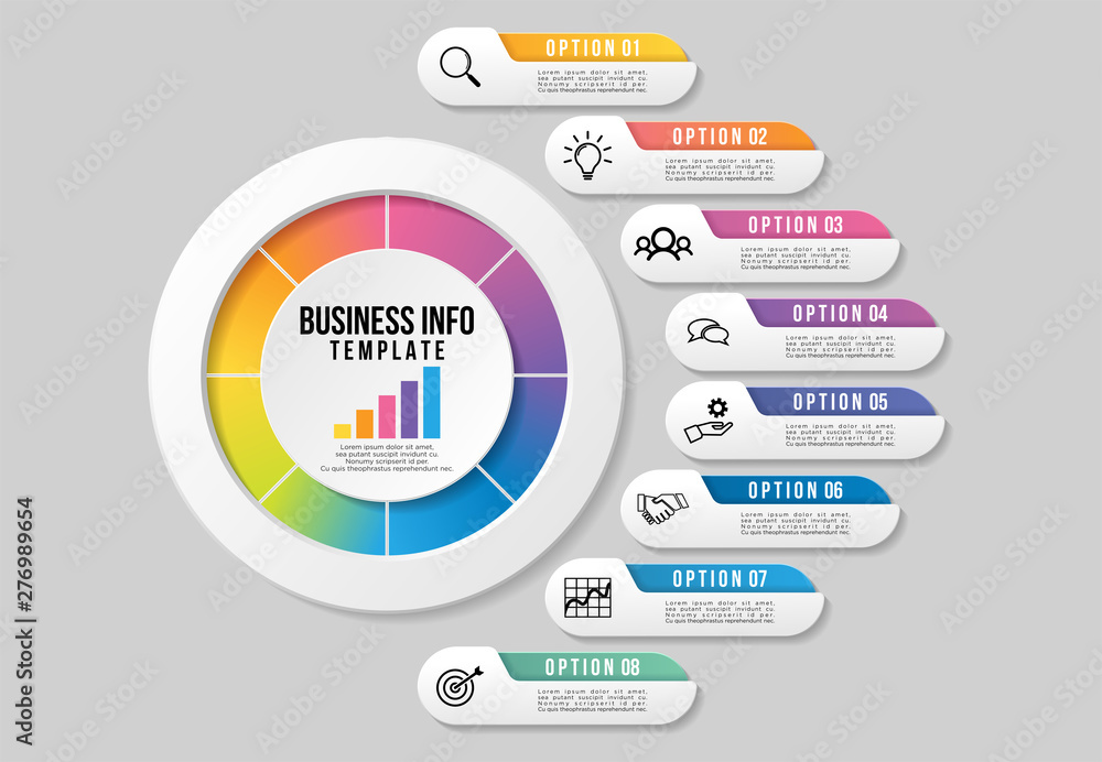 Poster vector infographic design template with 8 options steps and marketing icons can be used for info gra