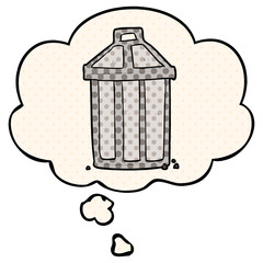 cartoon garbage can and thought bubble in comic book style