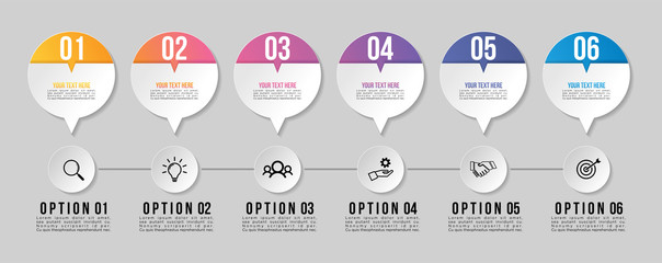 Timeline Infographic Design Template with 6 Options Steps. Start to goal line process. Used for info graph, presentations, process, diagrams, annual reports, workflow layout. Vector Illustration