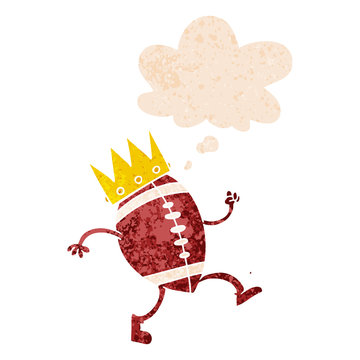 football with crown cartoon  and thought bubble in retro textured style