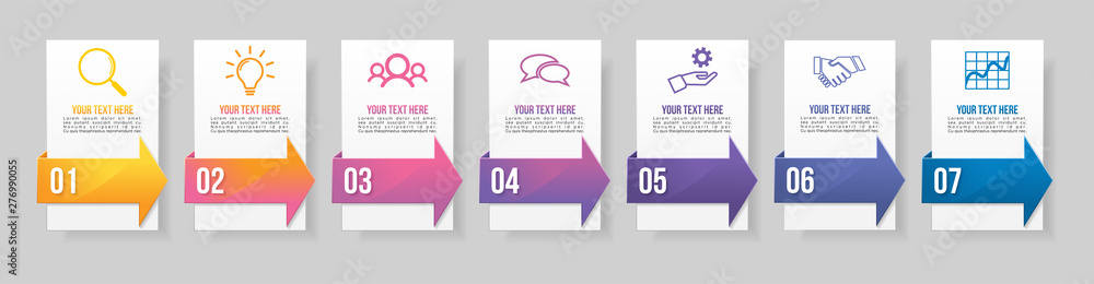 Poster timeline infographic design template with 7 options steps. start to goal line process. used for info