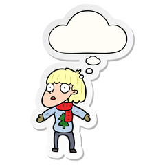 cartoon surprised christmas person and thought bubble as a printed sticker
