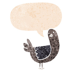 cartoon pigeon and speech bubble in retro textured style